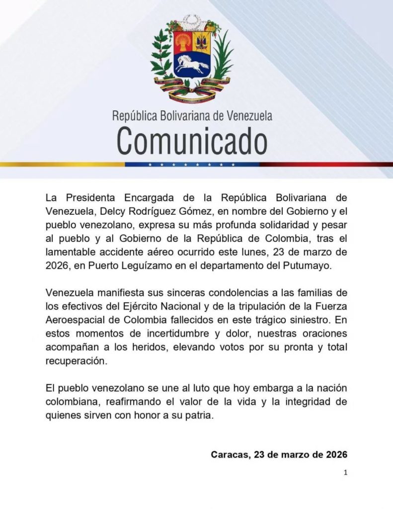 Venezuela expresa profunda solidaridad con Colombia tras lamentable accidente aéreo