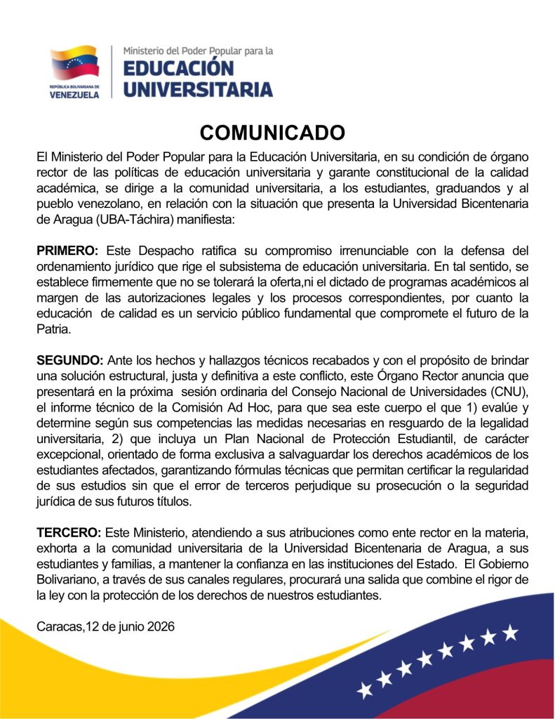 CNU evaluará en plenaria situación de la UBA-Táchira